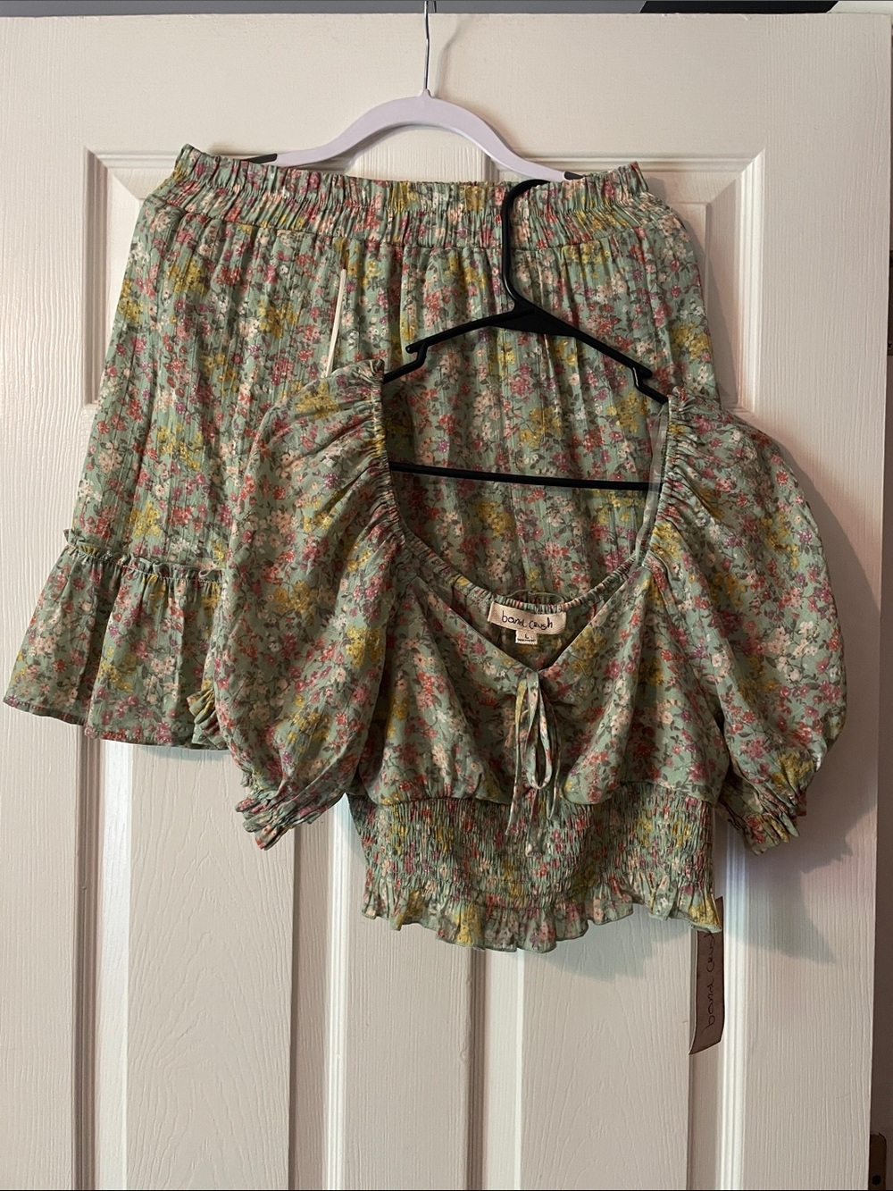 Boho Floral Puff-Sleeve Crop Top & Skirt Set - Sage Floral